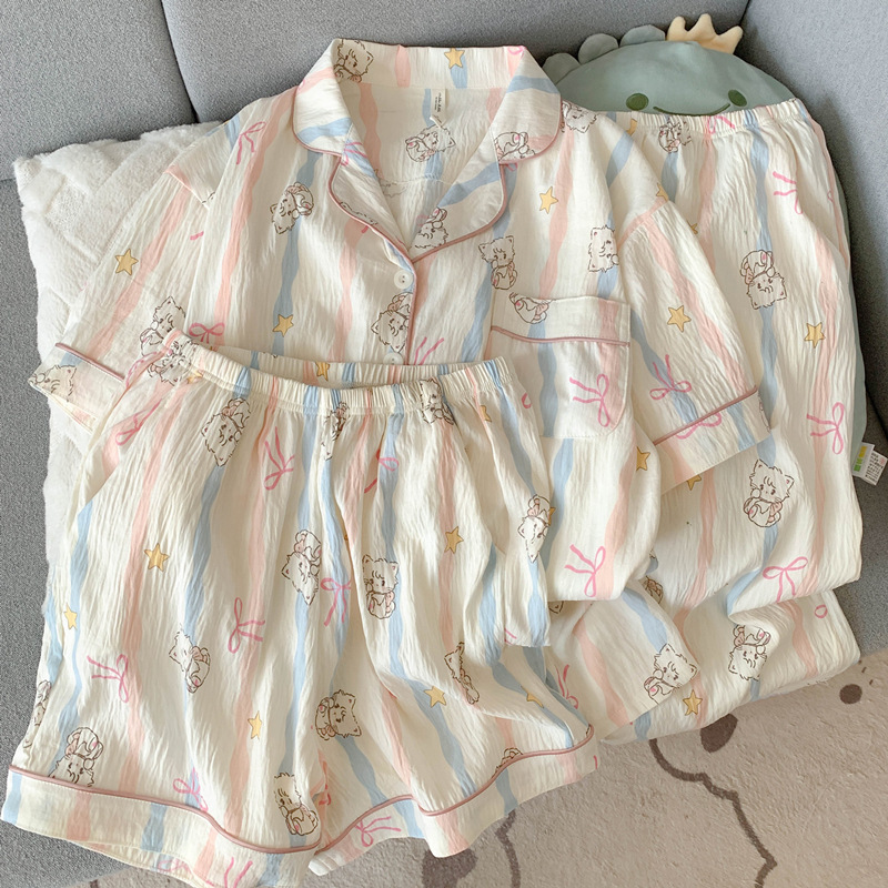 X207-Summer cloud pure cotton yarn pajamas women's summer short-sleeved loose large size three-piece suit home clothes
