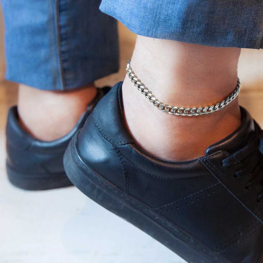 eManco 4MM Stainless Steel Cuban Chain Anklets For Men Women Silver Color Curb Foot Ankle Jewelry Y250805