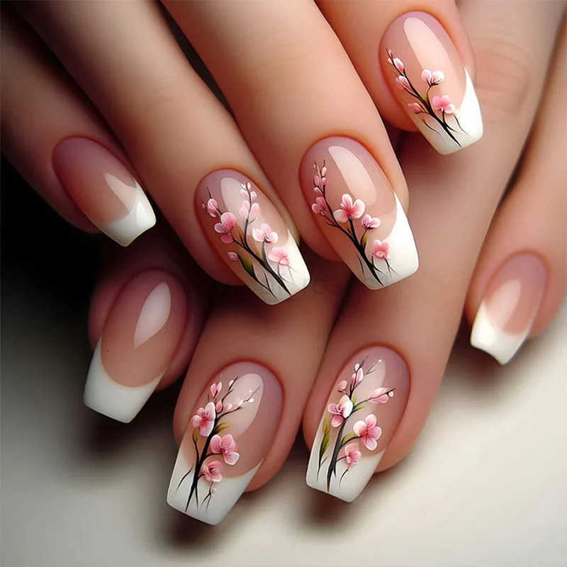 24pcs/set Medium long fake nails for women peach flowers heart for Spring summer Square faux nails press on false nail art tips Z250807