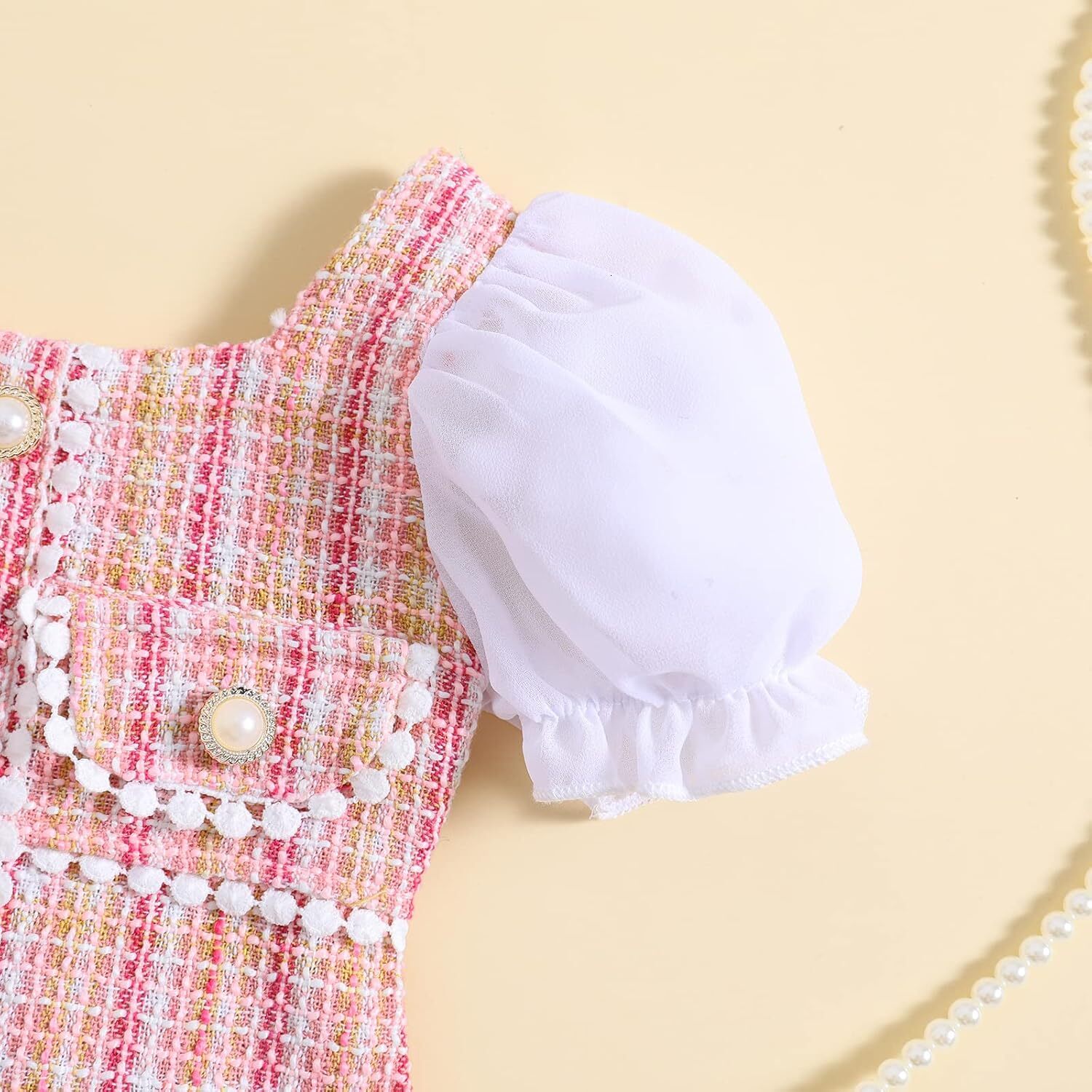 Toddler Baby Girls Tweed Plaid Dress Square Neck Puff Short Sleeve Fake Pockets Elegant Party Clothes