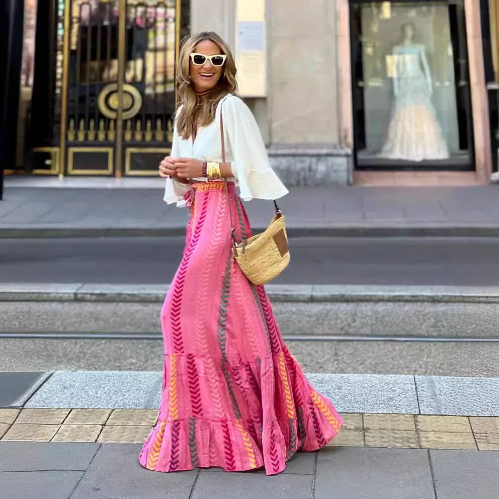 2025 Summer New Women's A-line Skirt Beach Holiday Printed Lace up Skirt Casual Long Skirt Loose High Waist Bohemian Women's fashion Summer 