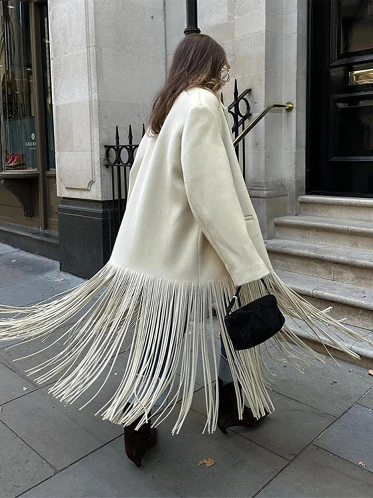 Fashion Woolen Tassels Long Coats For Women Turn-down Collar Single Breasted Pockets Jacket Female Elegant Solid Lady Overcoats 250805