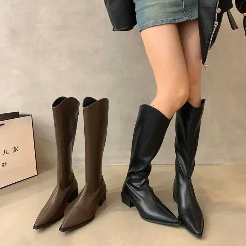 Women Mid Heels Knee High Chelsea Long Boots Platform Motorcycle Boots Designer Vintage Pointed High Knight Boots XJ250807
