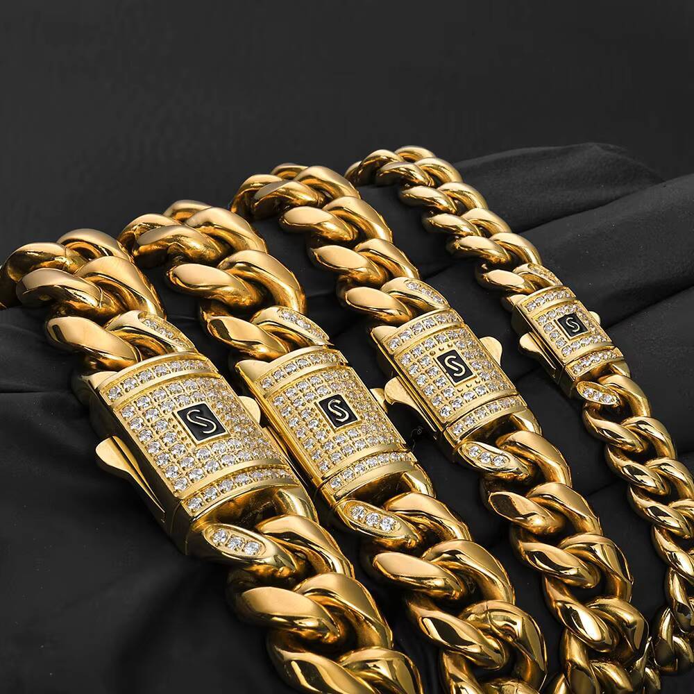 Monaco Chain 8-14mm Stainless Steel Diamond Buckle Round Grinding 14K Gold Plated Iced Out Moissanite Mens Bracelet
