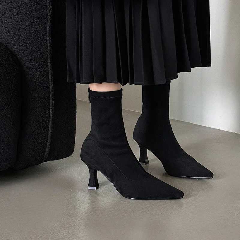 Spring and Autumn Female Commuter High Heels Bare Boots Comfortable Suede Boots Pointed Stiletto Heels Elastic Socks Boots XJ250807