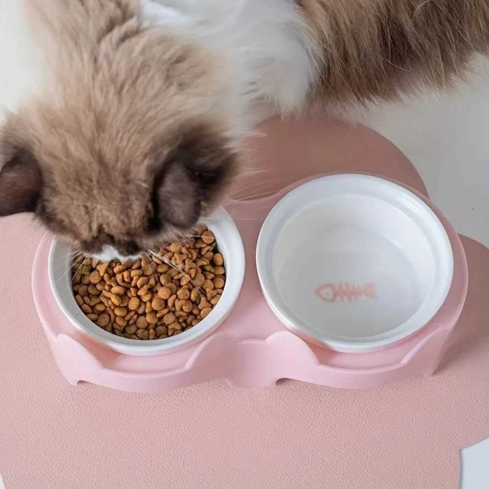 Colorful Cat Bowl Double Bowl Ceramic Cat Food Pot Cervical Protection High Foot Diagonal Water Bowl For Drinking Feeding Y250806
