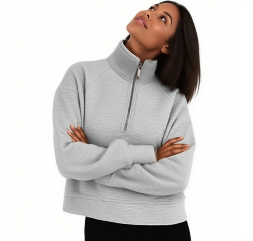 CNLONGBIDA Women's Hoodies Stand Collar Cropped Pullover Half Zip Women Overzised Hoodie Thumb Hole Long Sleeve Clothes Solid Color Loose Fit Dai