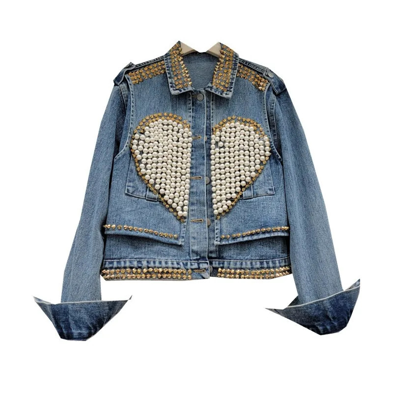 Heart Rivets Diamonds Denim Bomber Coat Love Shaped Spring Pearls Beads Jeans Jacket Rhinestones Cowboy Cardigan Crystal Tops 250804