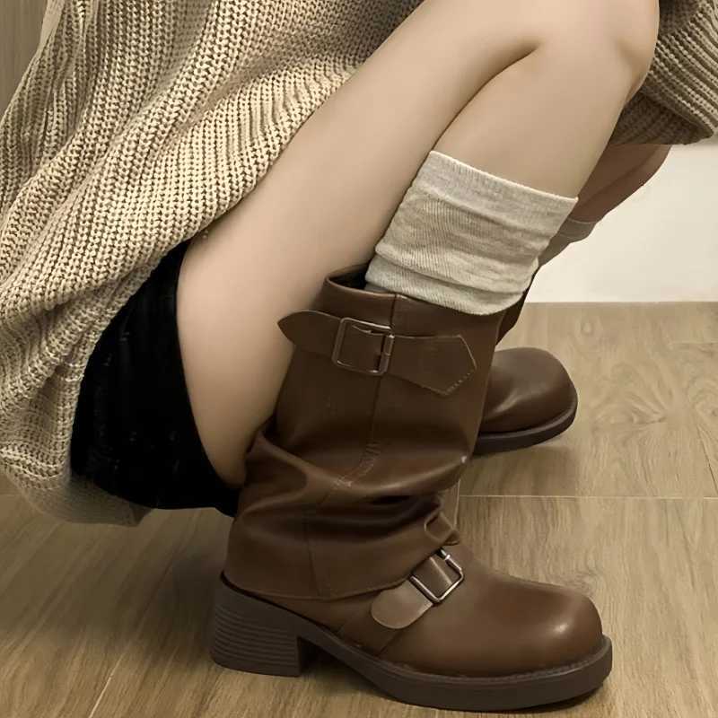 2025 Autumn New Pleated Buckle Knight Boots For Women Mid Calf Boots Slip On Casual Cool Girls Thick Heel Riding Botas Mujer XJ250807