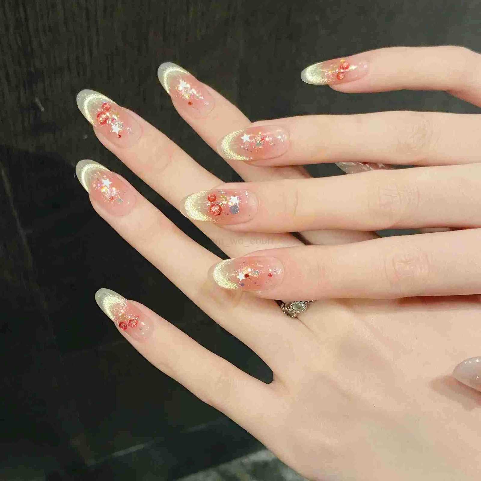 10pcs Sweet Cherry Press On Nails For Women Girls Shiny Smile Cats Eye Y2k Star Handmade Fake Nails Gentle Blush False Nails M250807