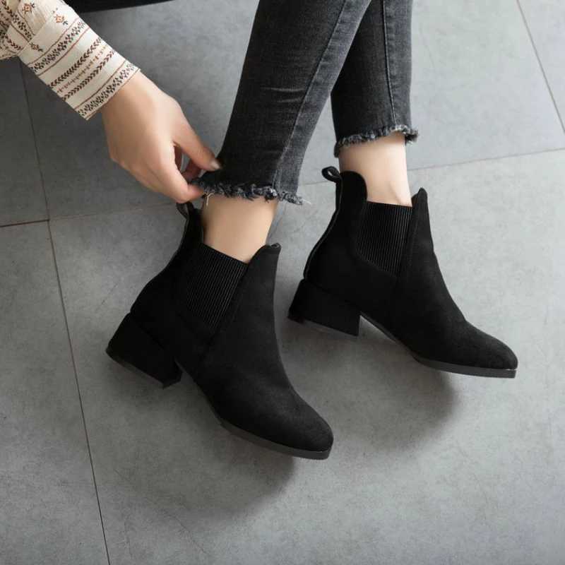 Winter Women New Chelsea Boots Ankle Round Toe Square Heel Shoe Solid Casual Comfort Shoes for Trendy Ladies Short Boot Botas XJ250807