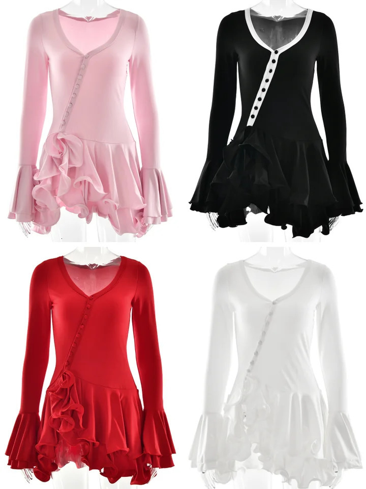 Absobe Womens ALine Bodycon Mini Dress Ruffle Hem VNeck Asymmetrical Buttons Long Sleeve Short Party Streetwear Outfits 250807