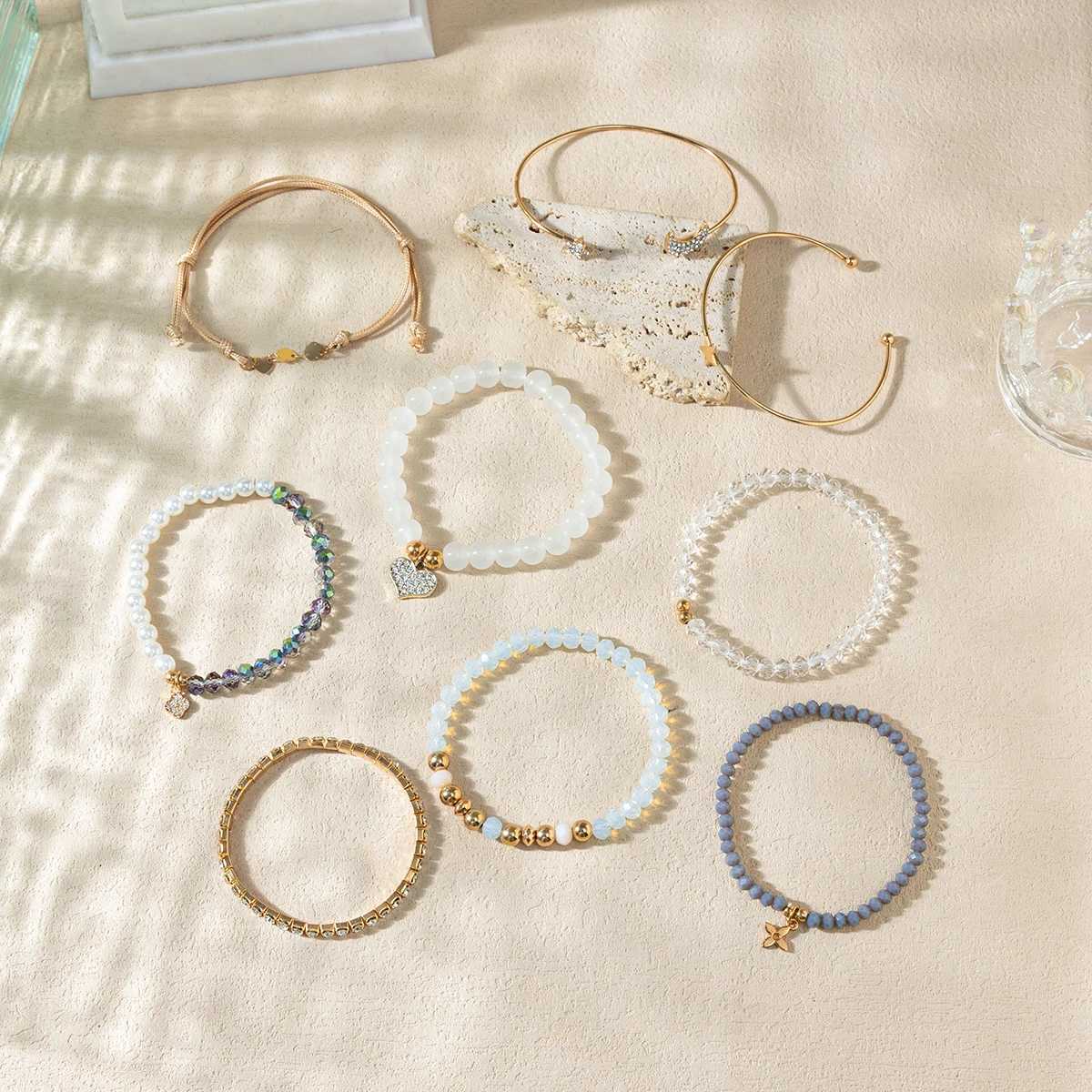 9 Piece Set Luxurious Bracelets for Women Crystal Shiny Adjustable Opening Chain Bracelets Punk Bangle Fashion Jewelry W250807