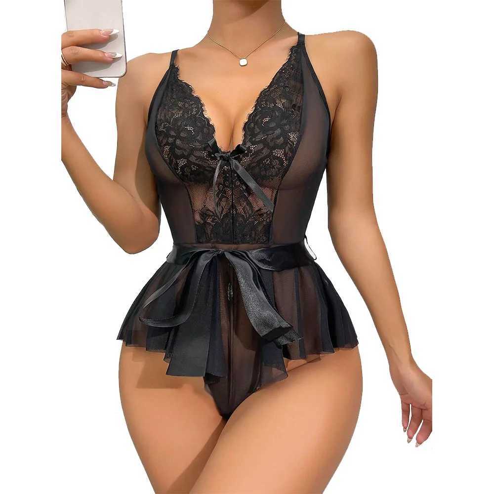 Sexy Belt Floral Lace Backless Adjustable Strap Mesh Babydoll Lingerie Sleepwear Romper W250807