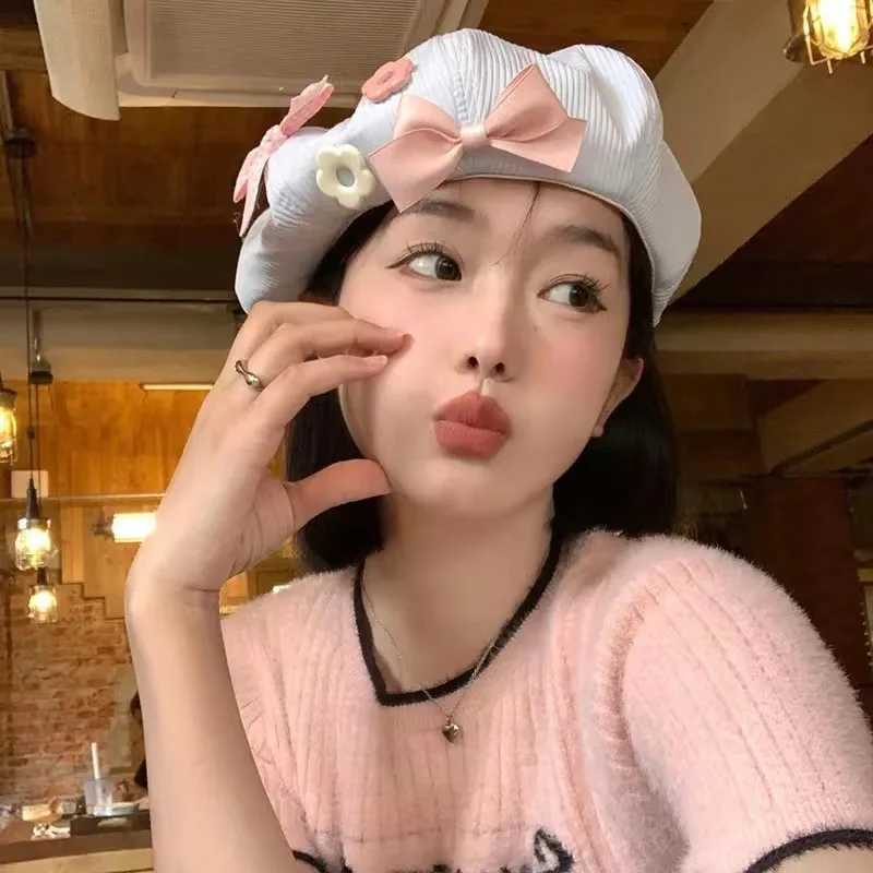 Womens Beret With Bow Flower - Janese Cute Versatile Painter Hat Slimming For Large Head Dopamine Fashion C Gift For Her XJ250807