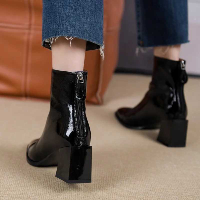 Black Patent Leather Womens 2025 Autumn and Winter New Square-toed Chunky Heel Boots Slimming High-heeled Short-leg Boots XJ250807
