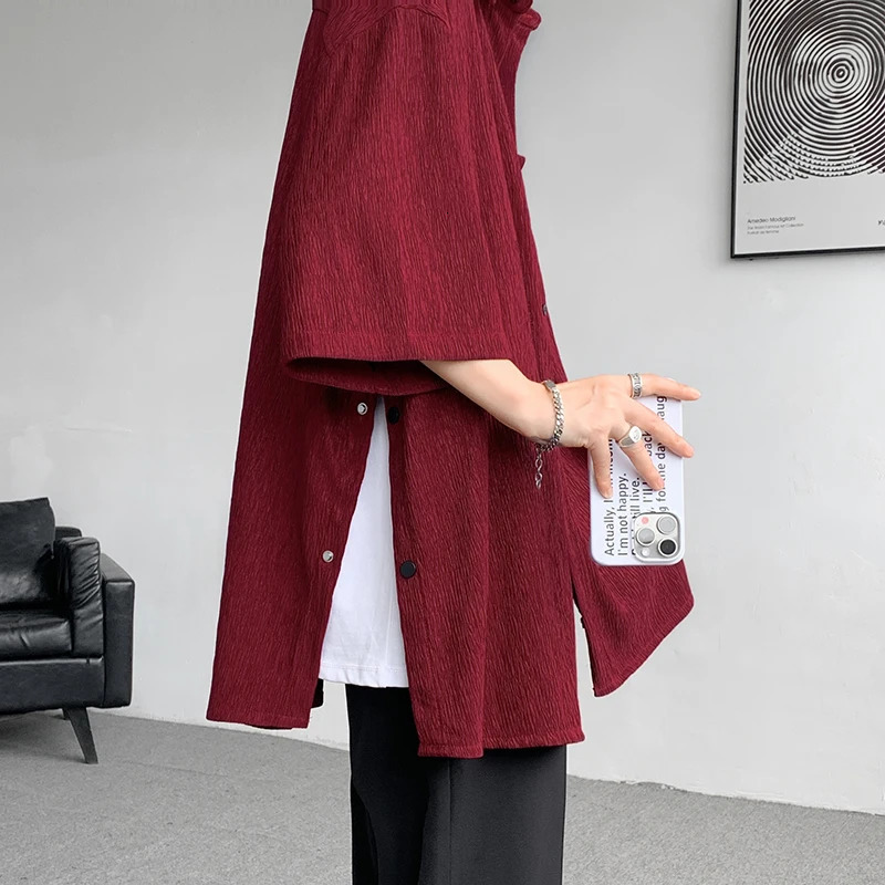 Wine Red Side Buttons Pleated Shirt Black Apricot Harajuku Button Up Korean Short Sleeve Aesthetic Male Shirts Men Blouse 250807