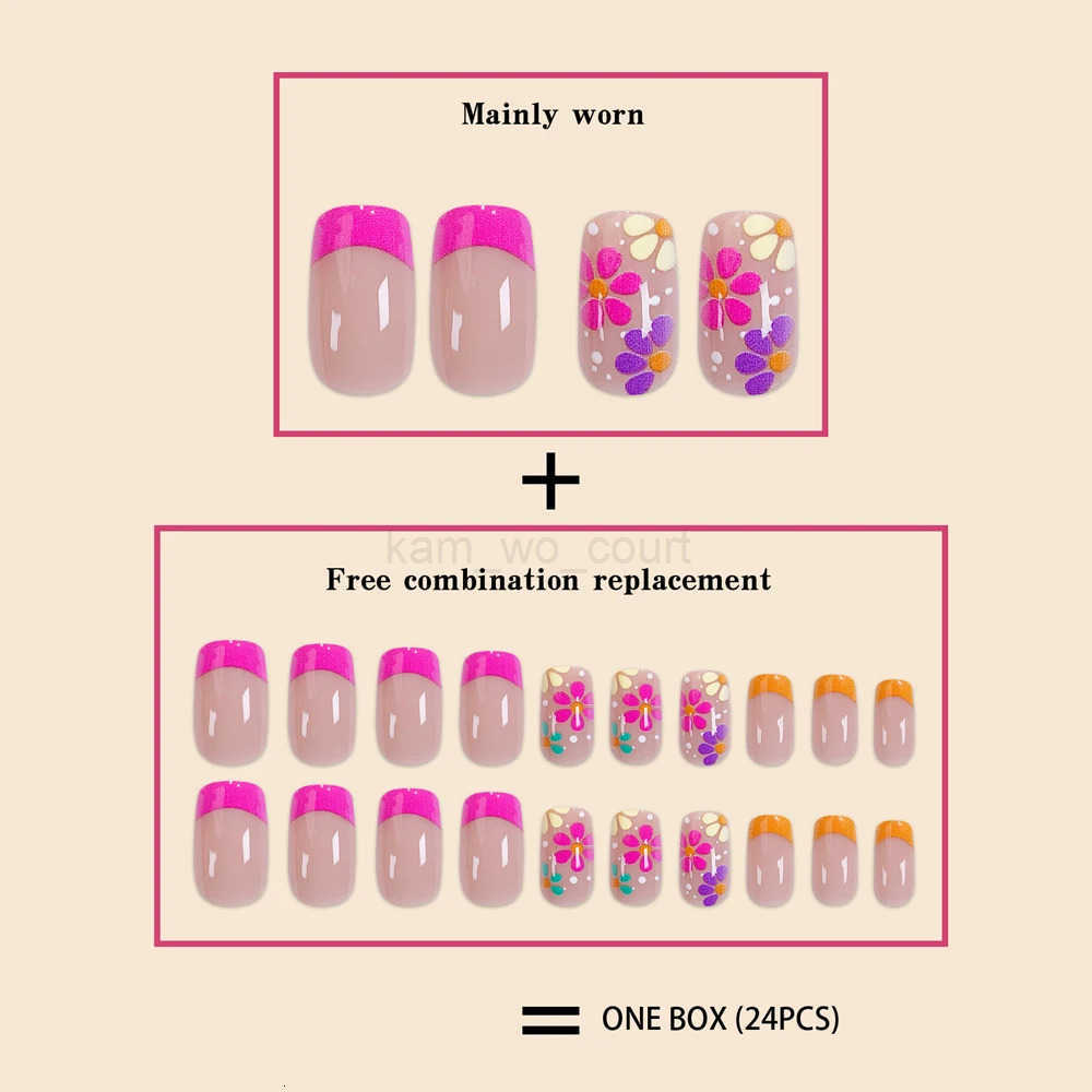 24Pcs/Set Middle Size Square Rose Red French Colorful Flower Full Coverage Wearable Nail Art Fake Nails for Women Girls M250807