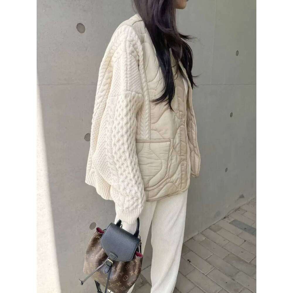 Designer Clothing 2025 KUSAHIKI Korean Autumn Winter Niche Versatile V-Neck Contrast Ing Knit Single Breasted Long Sleeved Parka Jacket For Women