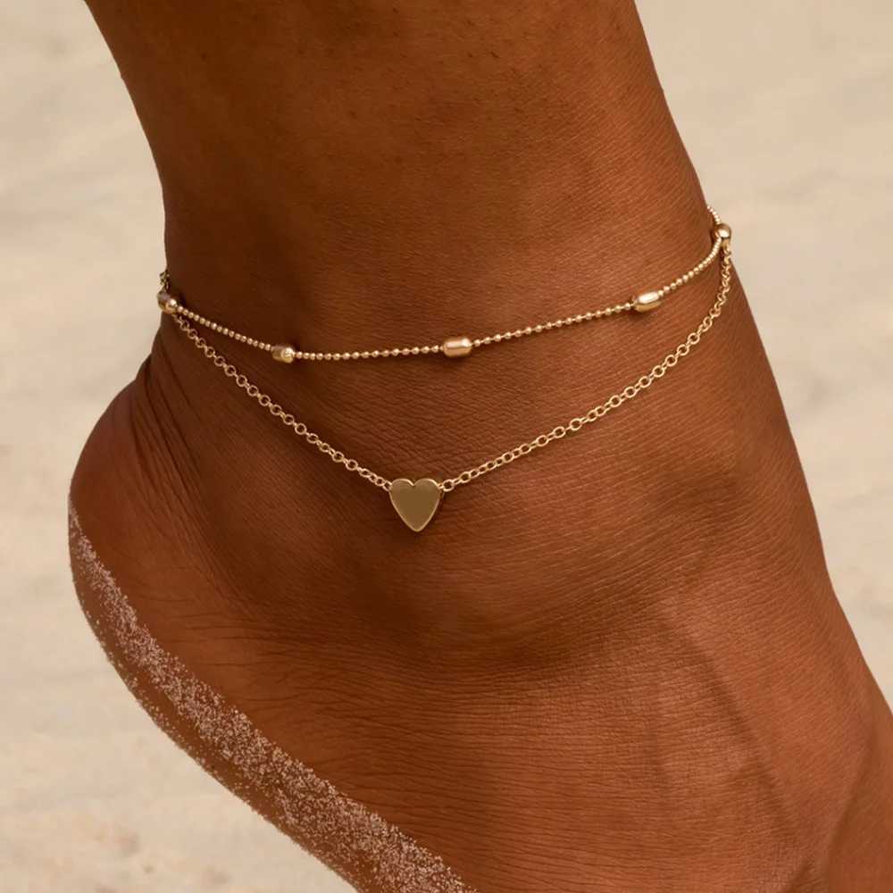 Women Anklets Simple Heart Barefoot Crochet Sandals Foot Jewelry Two Layer Foot Legs Anklets Gifts For Women Jewelry Y250805