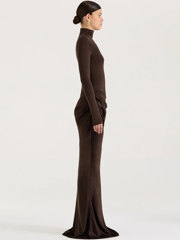 Mozision Autumn Long Sleeve Sexy Maxi Dress Women Fashion Hollow Out Turtleneck Ruched Bodycon Club Party Long Dresses Female 250728