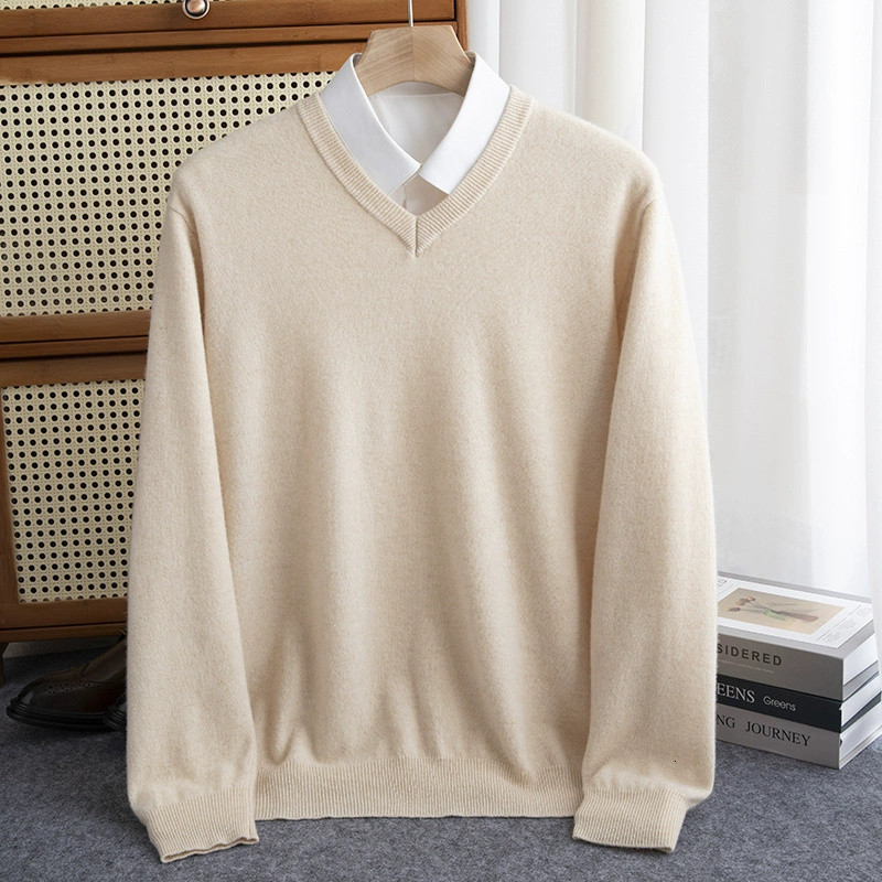 Wool Mens Sweater V-neck Knitted Long Sleeved Pullover Solid Color Casual Fashion Male Spring Cashmere Sweater 240808