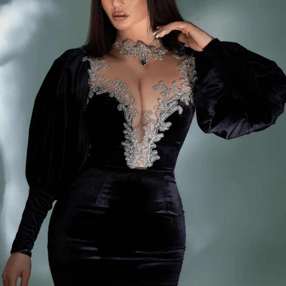 Velvet Prom Dress Mermaid Evening Dress Puff Sleeve V-Neck Sequins Appliques Crystal 3D Lace Prom Gowns Plus Size Customized vestido de novia L251767