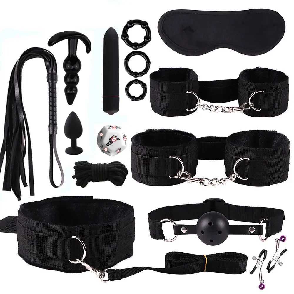 Sex toy BDSM Kit Set Vibrator Handcuffs Neck Sex Toy Adult Couple Whip Anal Buttplug for Women Men Gay Intimate Sex Game Bondage W250807