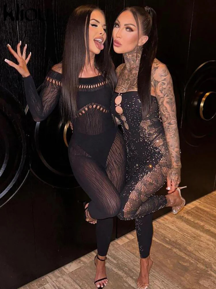 kliou Autumn Women AnkleLength Streetwear Milk Silk Jumpsuit W23Q35472 Girl Hollow Out Slash Neck One Piece Club Attire Overall 250807