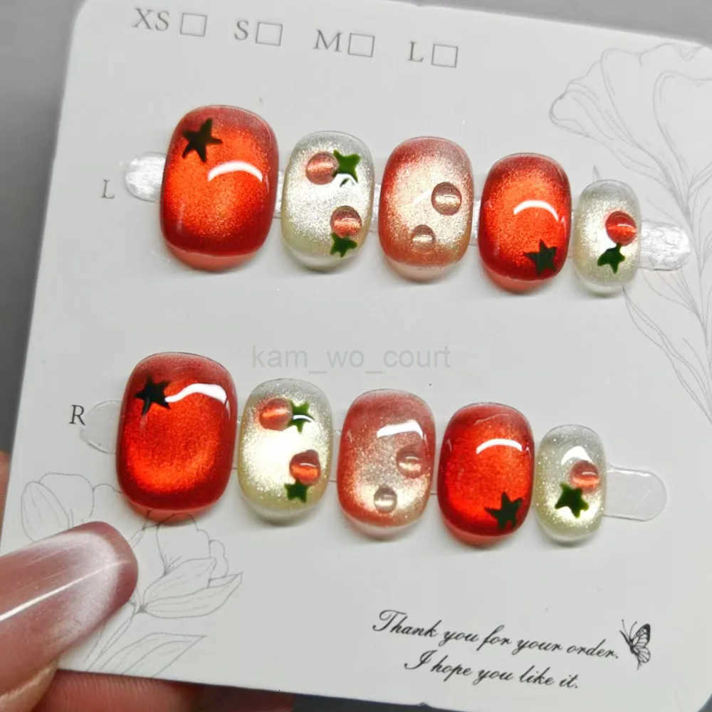 10pcs Festive Red Oval Short Press-On Nails with Cute Tomato Design Glossy Finish Holiday Nail Art Set for Women and Girls Wear M250807