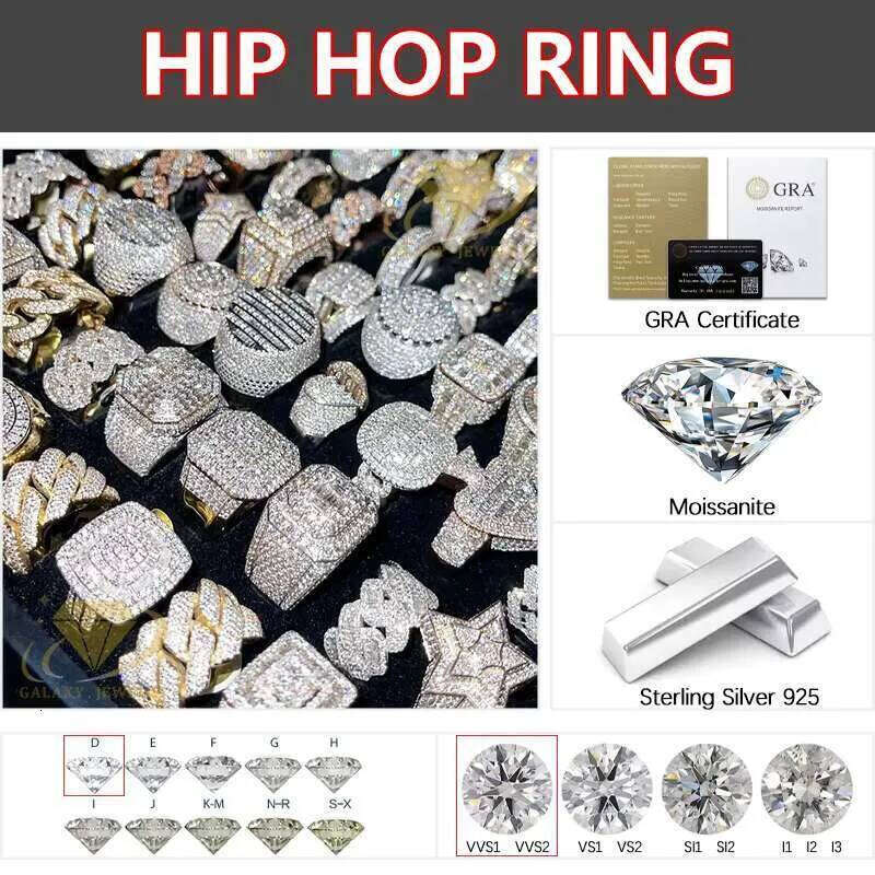 Hip Hop Iced Out Ring VVS Baguette Moissanite Real Gold Plated Men Jewelry Sterling Sier Rings