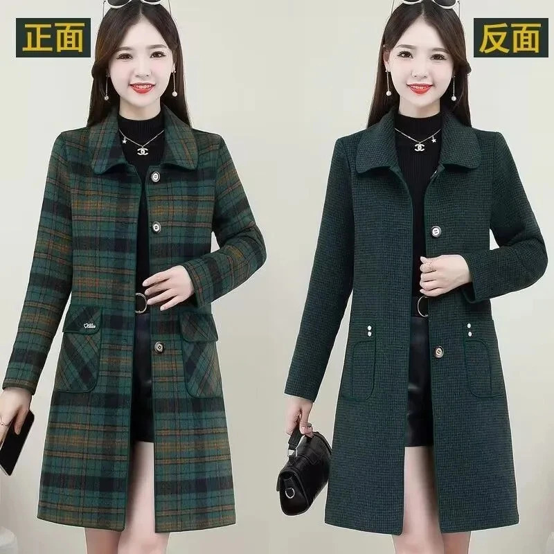 Long Women Double Sided Cashmere Woolen Coat Autumn Winter Middle Aged Mother Both Sides Wear Plaid Wool Jacket Windbreaker 5XL 250805
