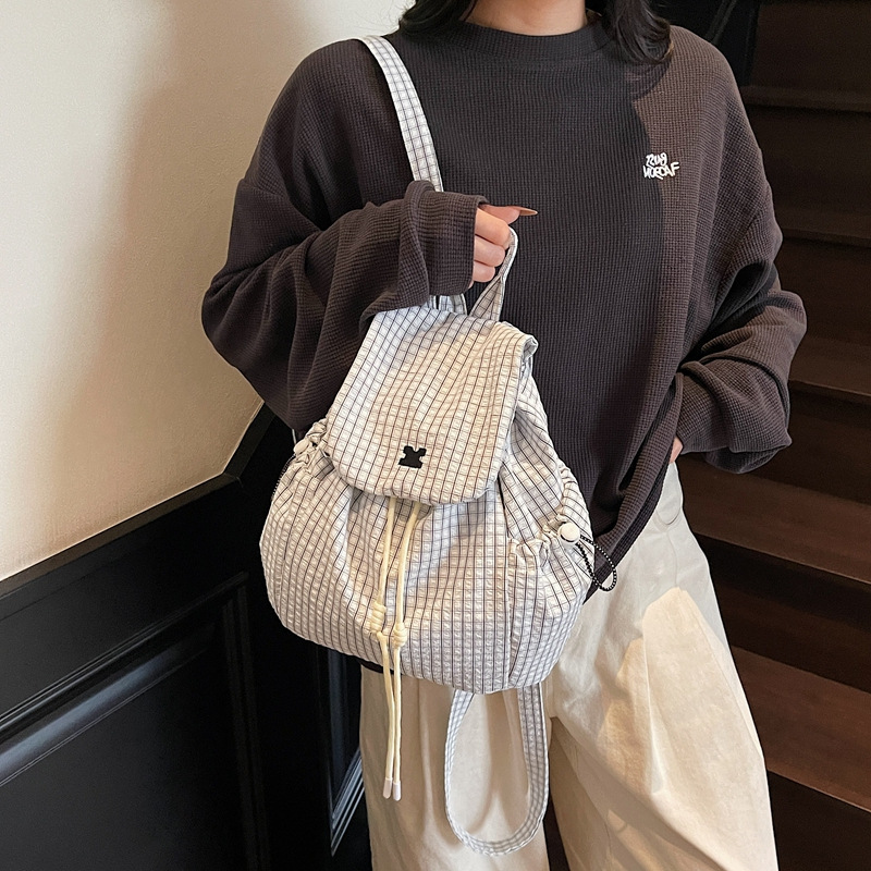 2025 Autumn New Women's Backpack Plaid fashion Korean Style Minimalist Lightweight Drawstring Large Capacity Commuting Designer