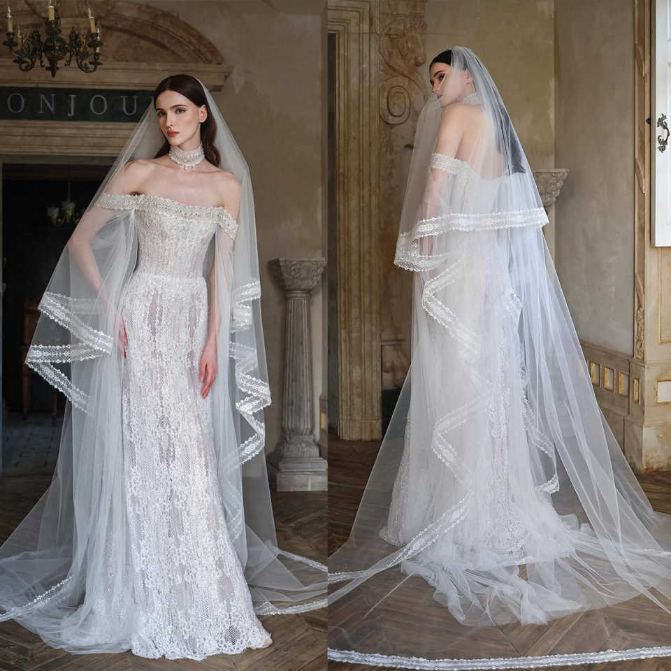 Simple Long Wedding Veils Lace Applique Two Layer Chapel Length Bridal Veils Wedding Marriage Accessories Customized