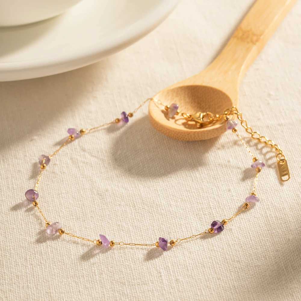 Summer Bohemia Natural Stone Anklet For Women Beach Classic Purple Gravel Stainless Steel Jewelry Waterproof Gift Y250805