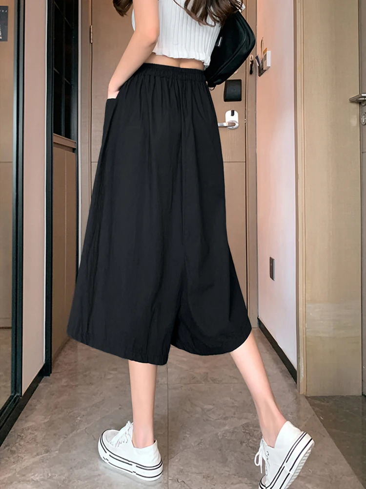 Casual Loose Wide Leg Pants Woman Thin Summer Plus Size Baggy Elastic Waist Lace Up Slacks CalfLength Trousers Culottes 250805