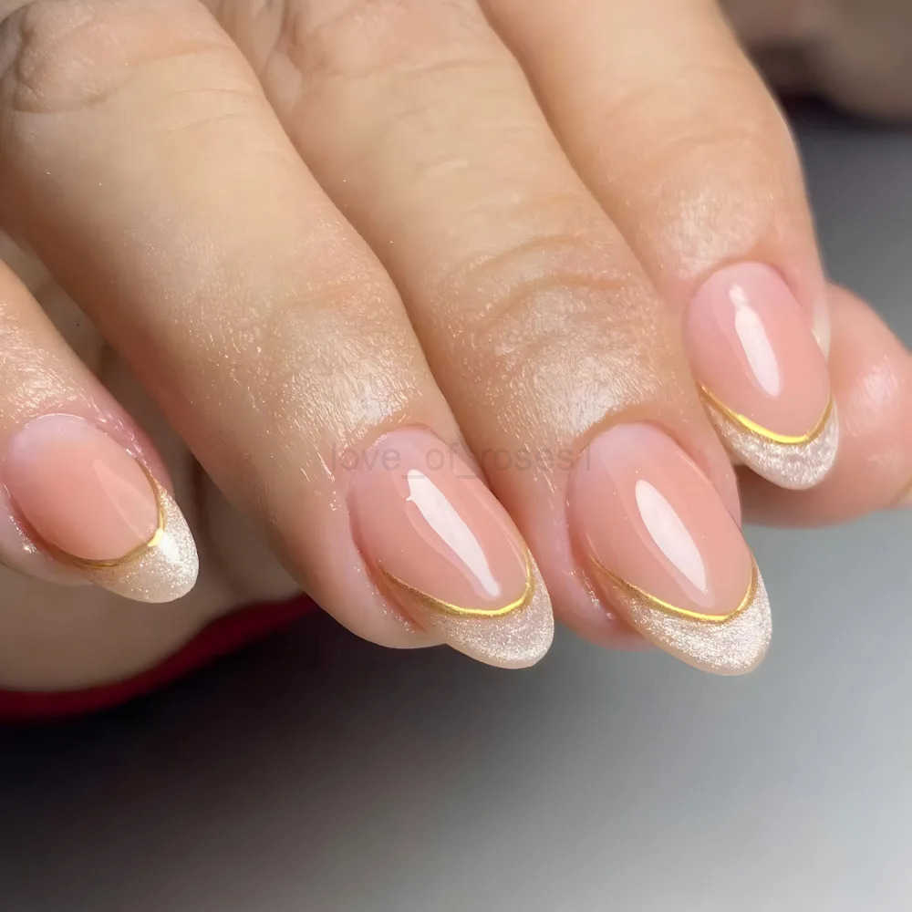 24pcs French Almond Fake Nails Gold Edge Glitter Press-on Nails Swirl Metal Nail Art False Nails Full Cover Nail Tips False Nails Z250807
