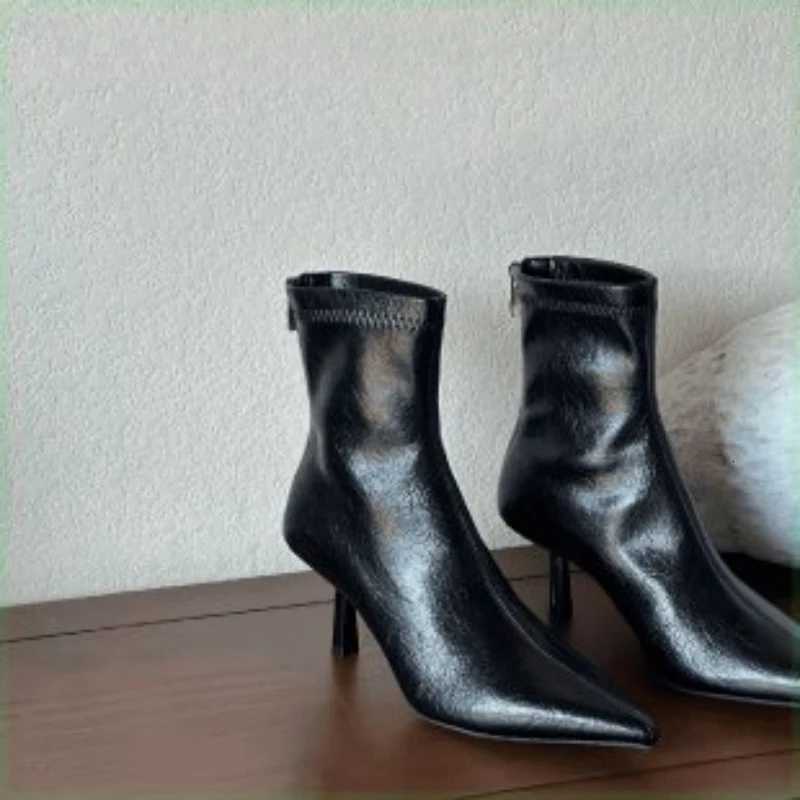 2025 Spring Pointed Toe Women Modern Ankle Boots Fi Soft Leather Short Booties Ccise High Heels Shoes XJ250807