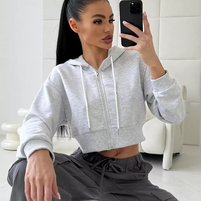 Free Shipping Designer Hoodie 2025 New Women's Long Sleeved Hooded Zipper Cardigan Sexy Exposed Waist Wool Sportswear