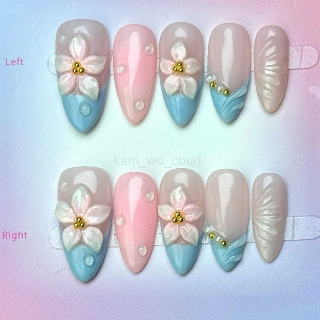 10pcs Blue French Style Handmade Press On Nails Sweet White Camellia Designs Summer Fake Nail Blush Pink Almond False Nails M250807
