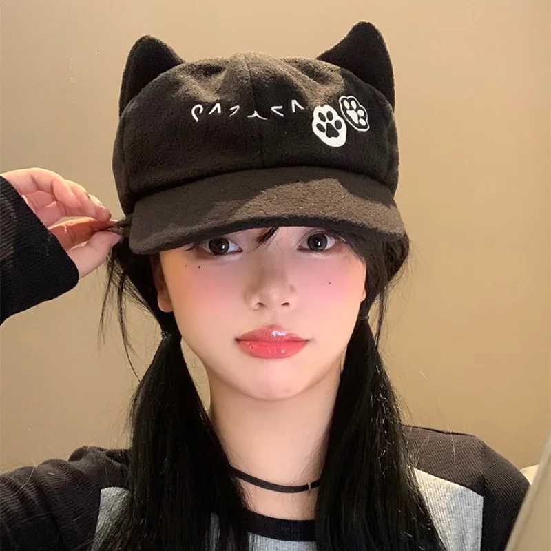Janese Cute Cat Ears Berets Cs for Women Summer Autumn Travel Versatile Sunscreen Casual Retro Black Newsboy Hats Y2k XJ250807