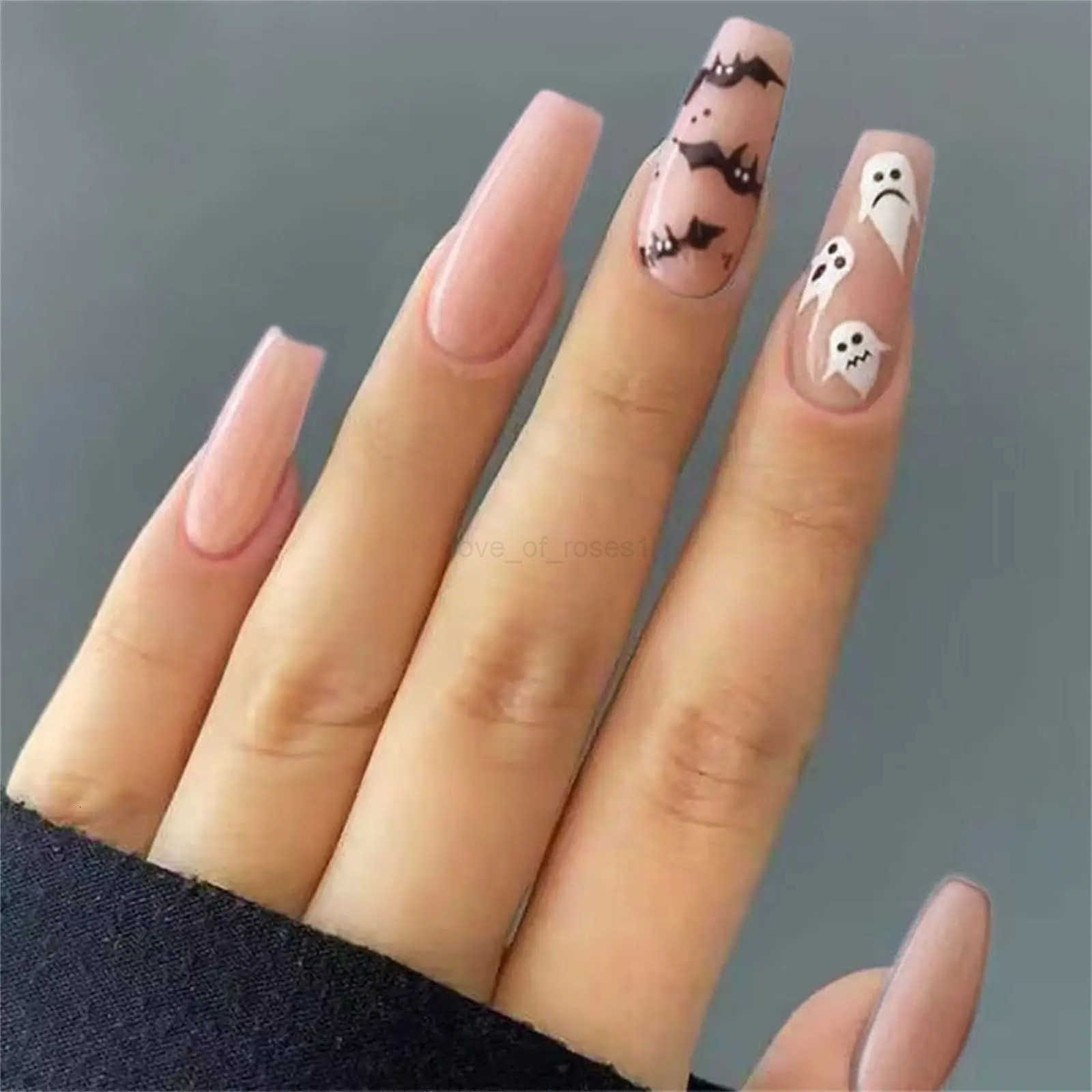 24pcs Long Pointed False Nails European Halloween Fake Nail Patch Full Cover Wearable Ghost Pattern Design Press-on Nails Z250807