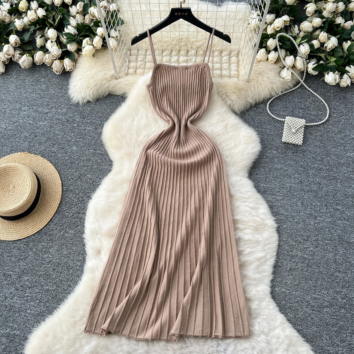 Summer Knit Spaghetti Strap Dress Sleeveless Elastic Waist Slim Simple Style Gentle Casual A Line Female Maxi Long 250807