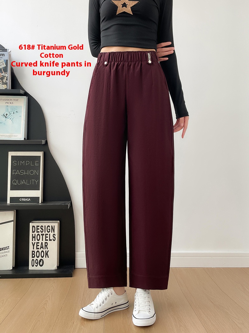 618# Titanium Gold Cotton Curved Knife Pants Elastic Waist Design Slimming and Leg-Lengthening Straight Leg Pants