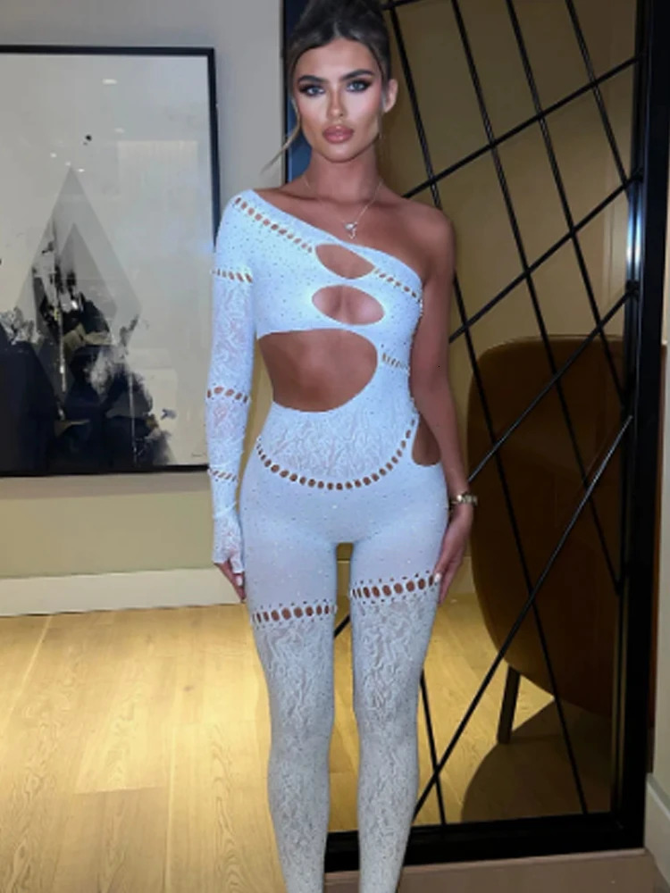 Nibber Sexy Jumpsuits Women Shine Rhinestones Irregular Hollow Skew Collar Single Sleeve tie Coquettish Clubwear Overalls 250807