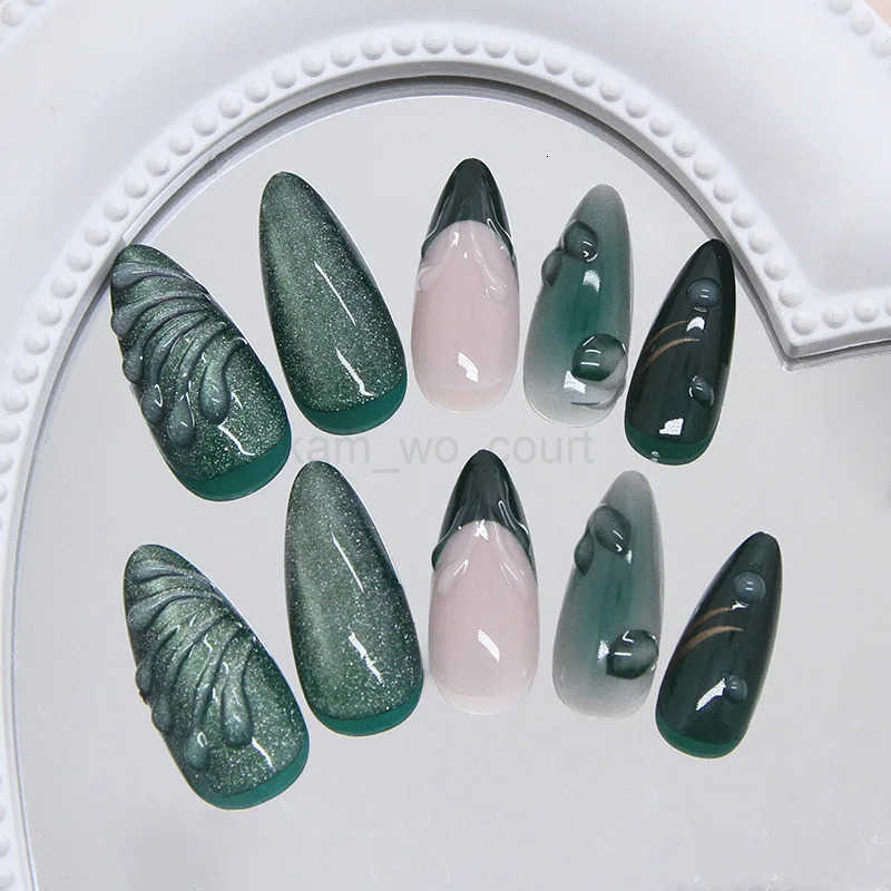 24pcs French Almond Press-on Nails Retro Green Cat Eye Fake Nail Tips Detachable Wearable Sweet Cool Spice Girl False Nails M250807