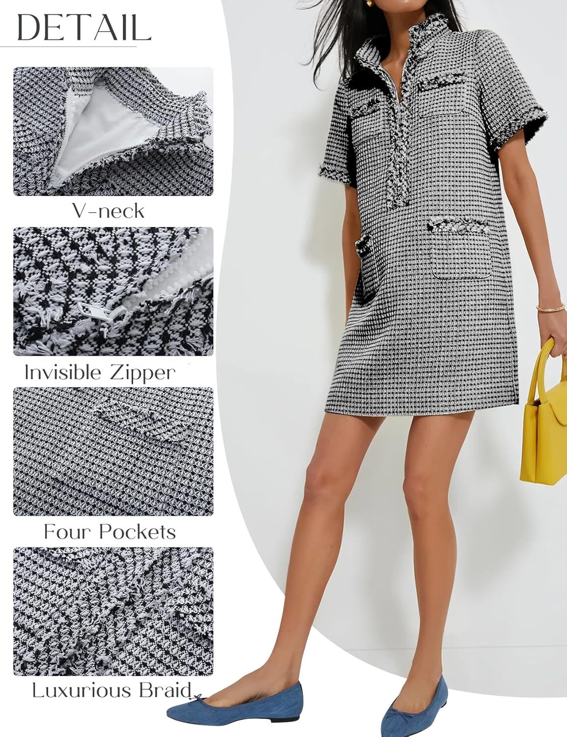 Womens Tweed Mini Elegant Front Half Zipper Short Sleeve Casual Work Straight Tube Dress with Pockets