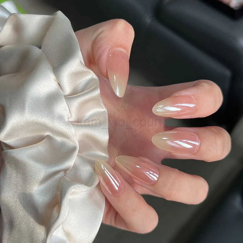 24Pcs Metallic Cat Eye French Sheer Manicure Tip Art Textured 3D Acrylic False Nails Nude Pink Almond Medium Press-on Fake Nails M250807