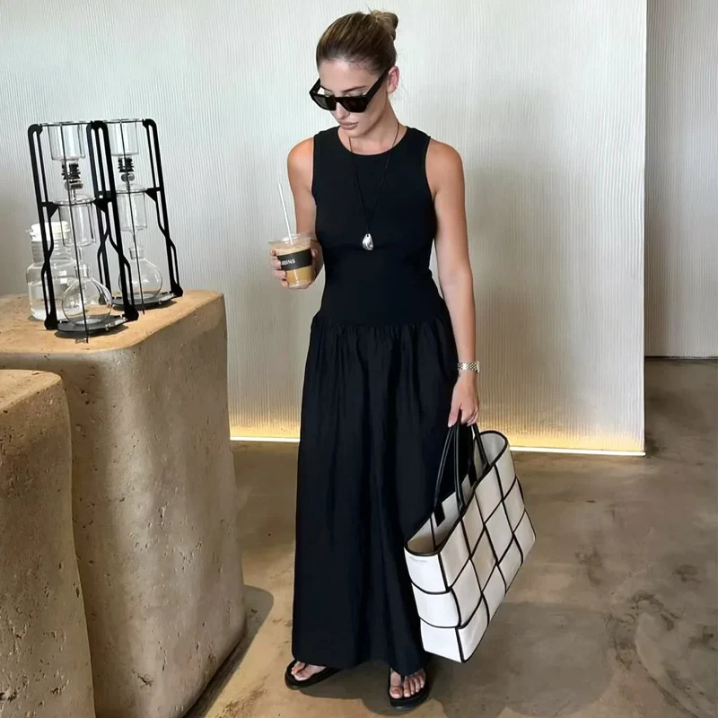 HXAO Khaki Elegant Long Dresses 2025 Womens Spring Sleeveless Black Fashion Casual Party Y2k Dress Vestidos For Female 250807
