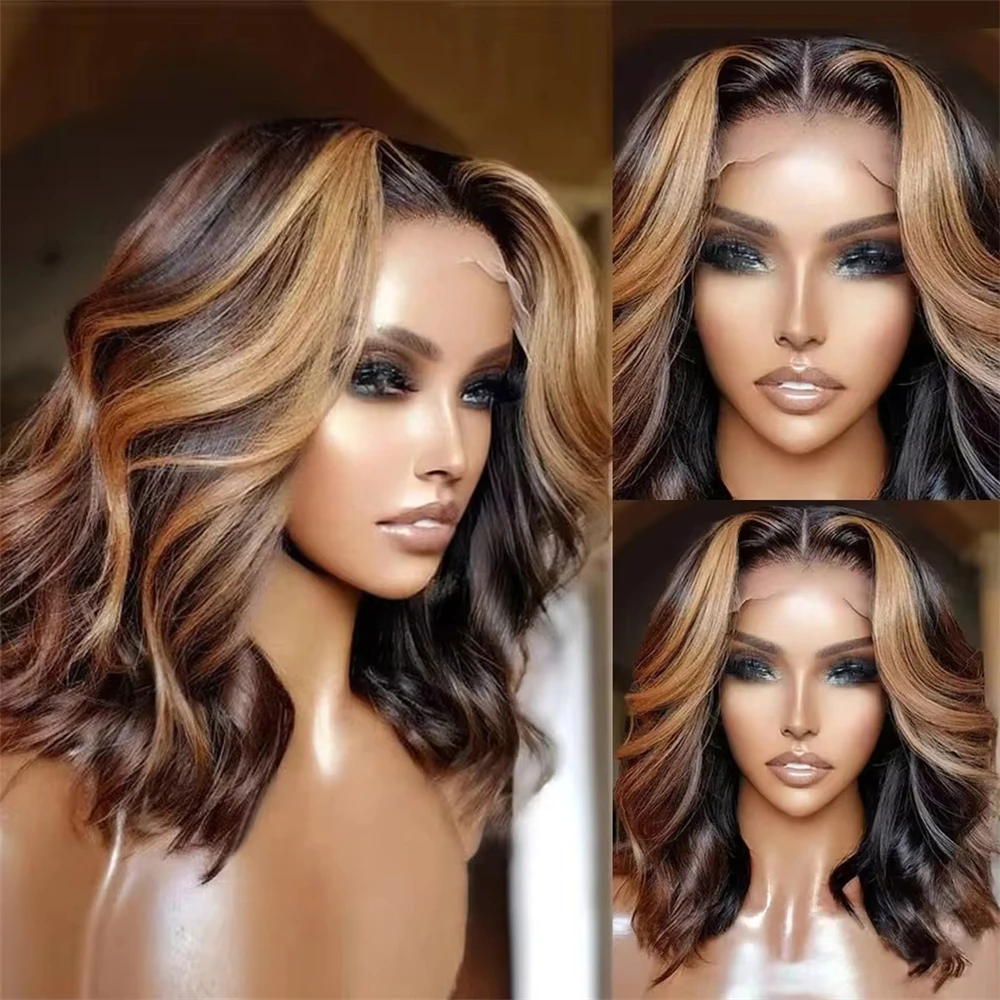 Body Wave 4/27 Color Short Bob Wig Ombre Blonde 13x4 Lace Frontal Wig Highlight Brown Mix Blonde 100% Human Hair Preplucked Bob